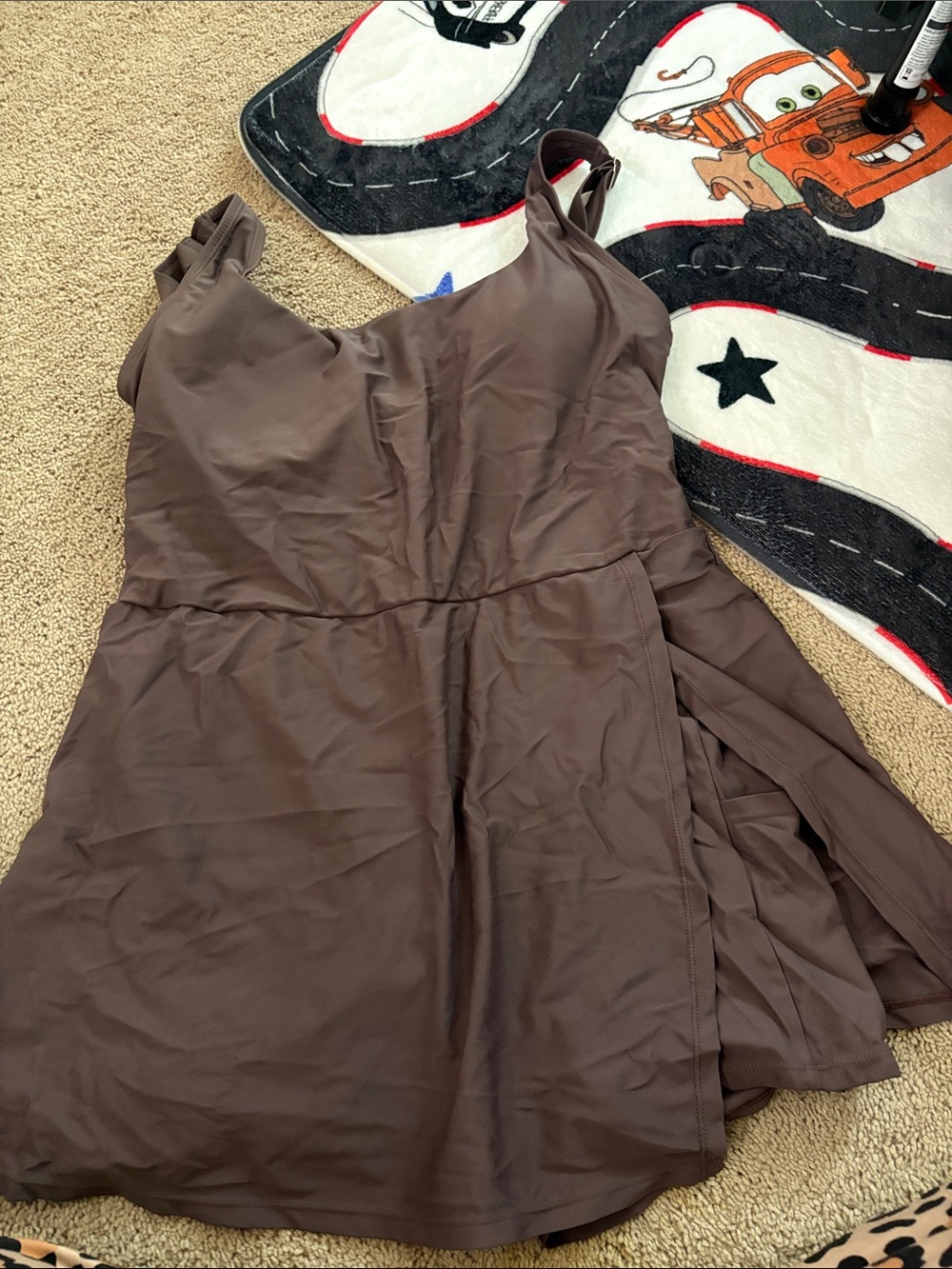 Brown One-Piece Swimdress with Skirted Hem